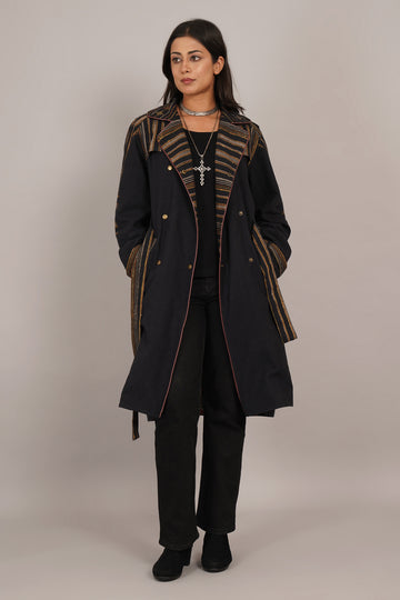 Black Bhujodi Ikat Cotton Trench Jacket
