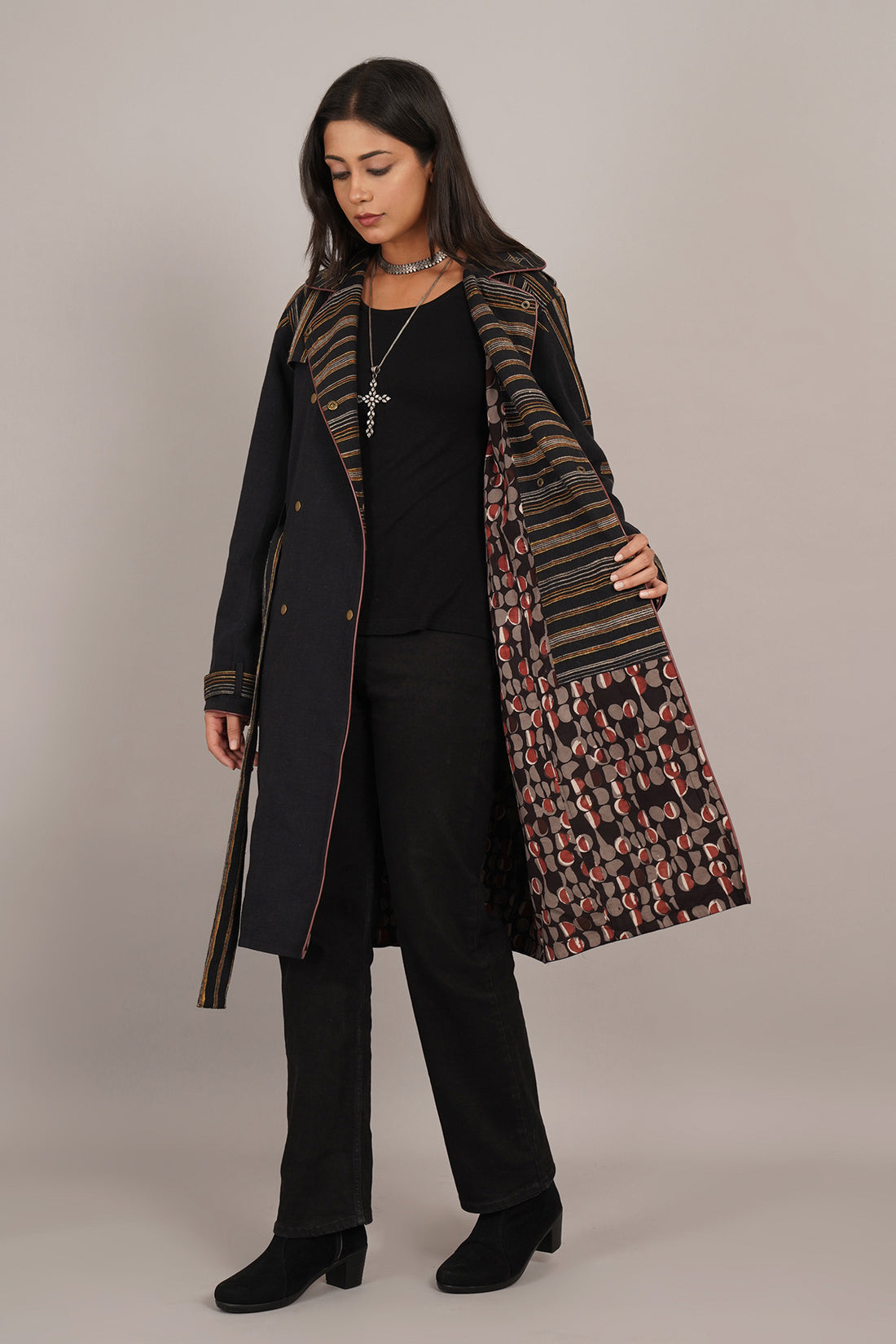 Black Bhujodi Ikat Cotton Trench Jacket