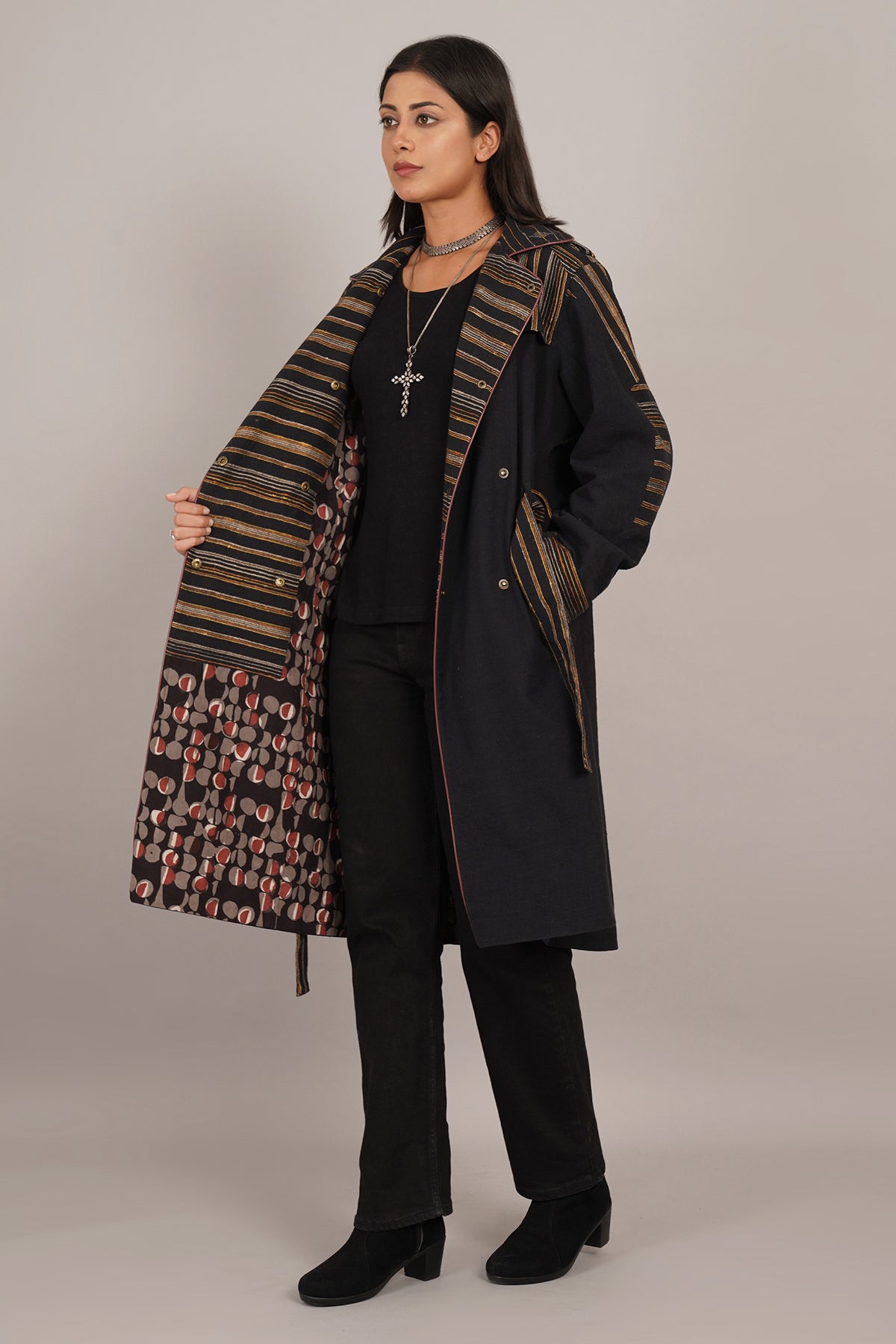 Black Bhujodi Ikat Cotton Trench Jacket
