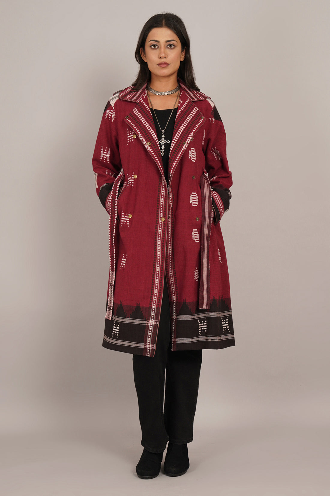 Maroon Kotpad Ikat Cotton Trench Jacket