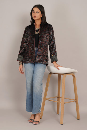 Black Ajrak Velvet Raw Silk Short Jacket