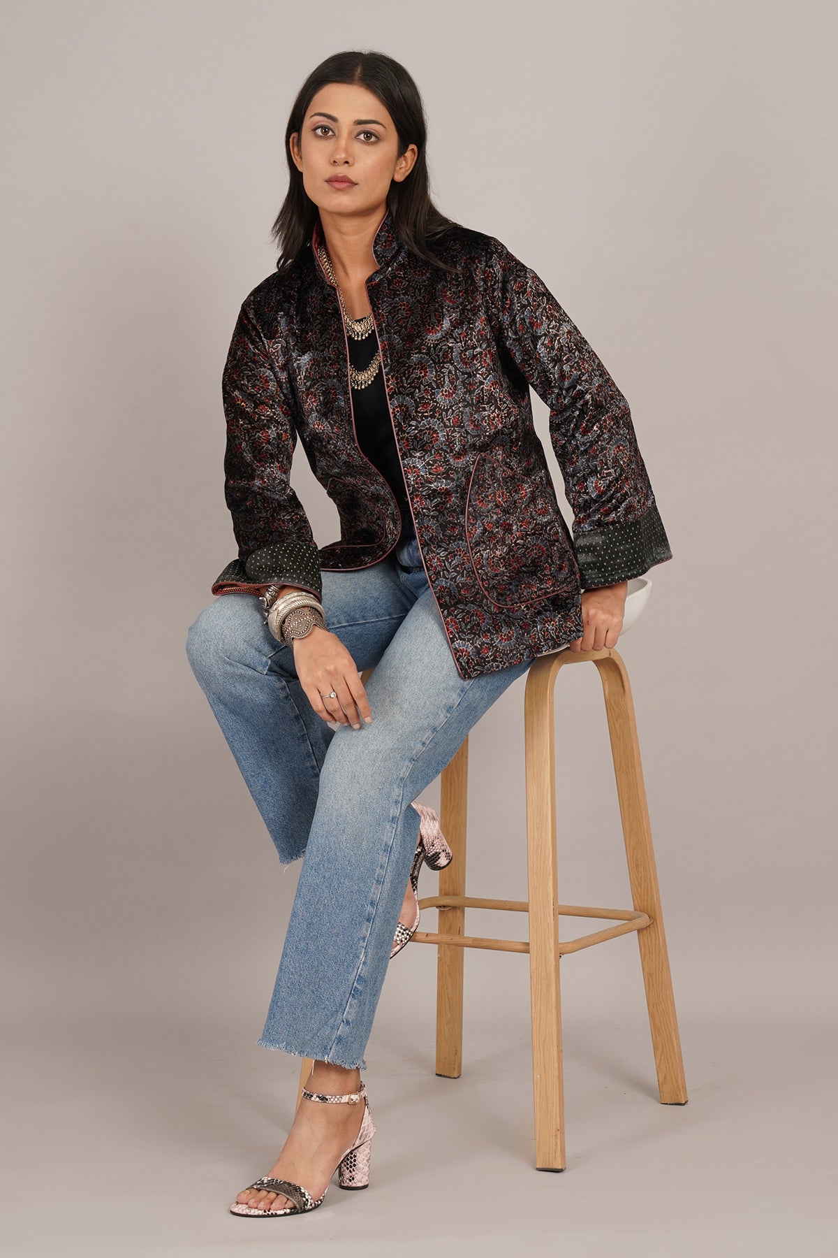 Black Ajrak Velvet Raw Silk Short Jacket