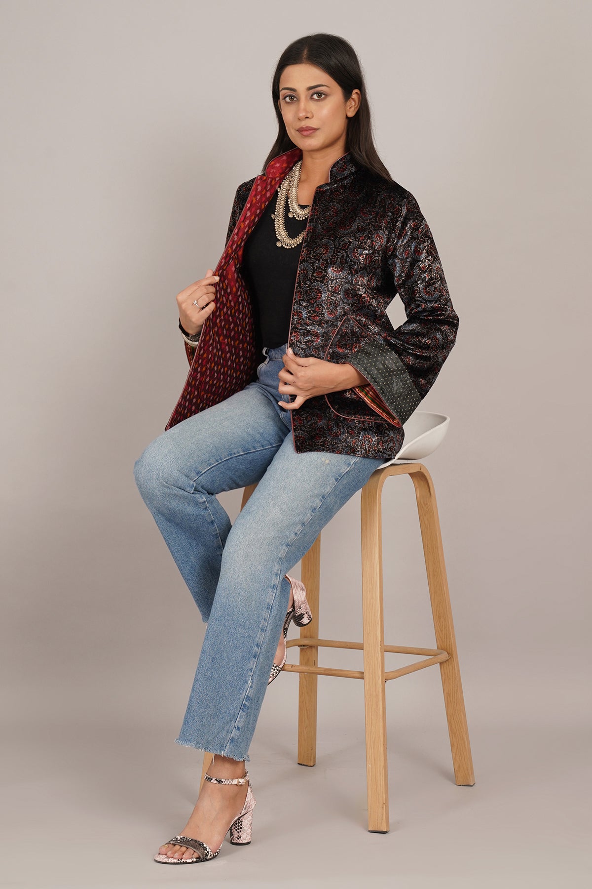 Black Ajrak Velvet Raw Silk Short Jacket