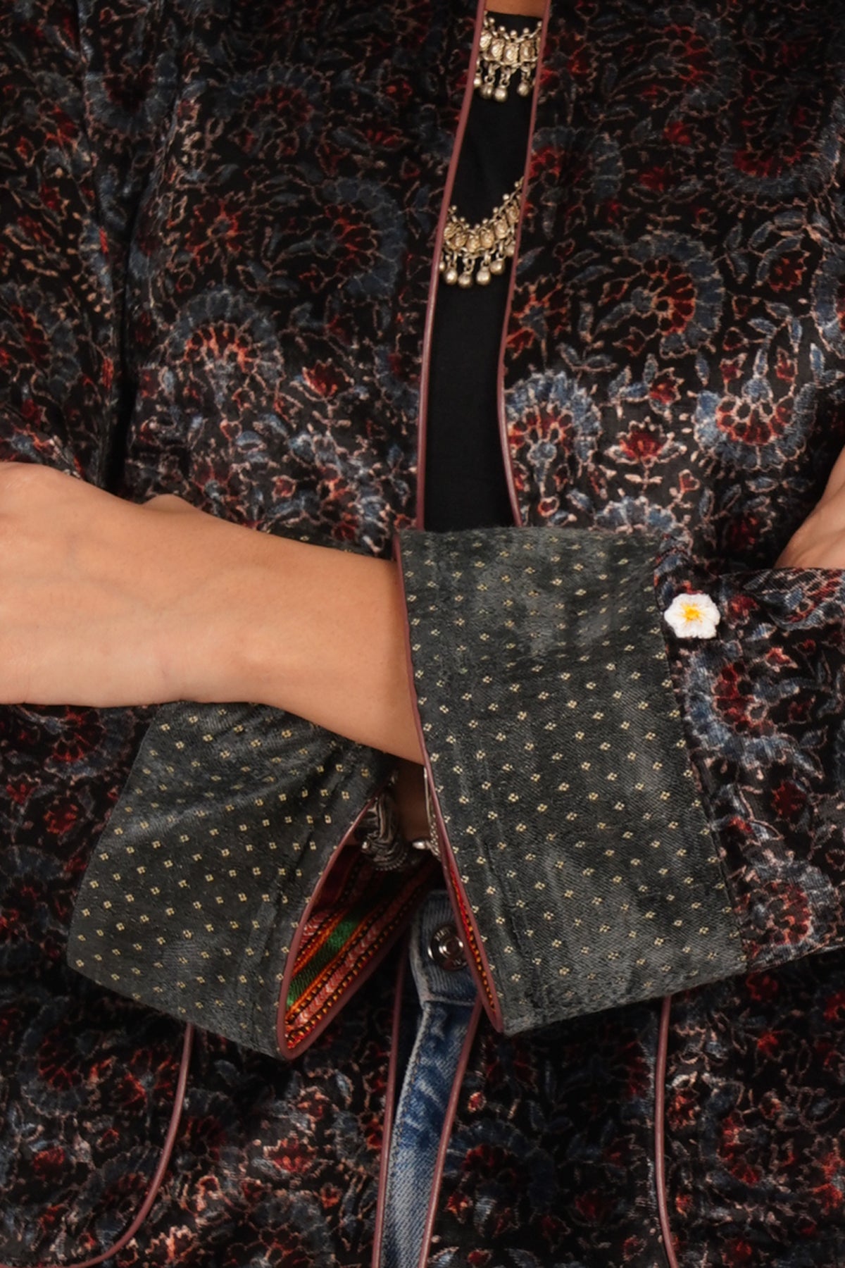 Black Ajrak Velvet Raw Silk Short Jacket