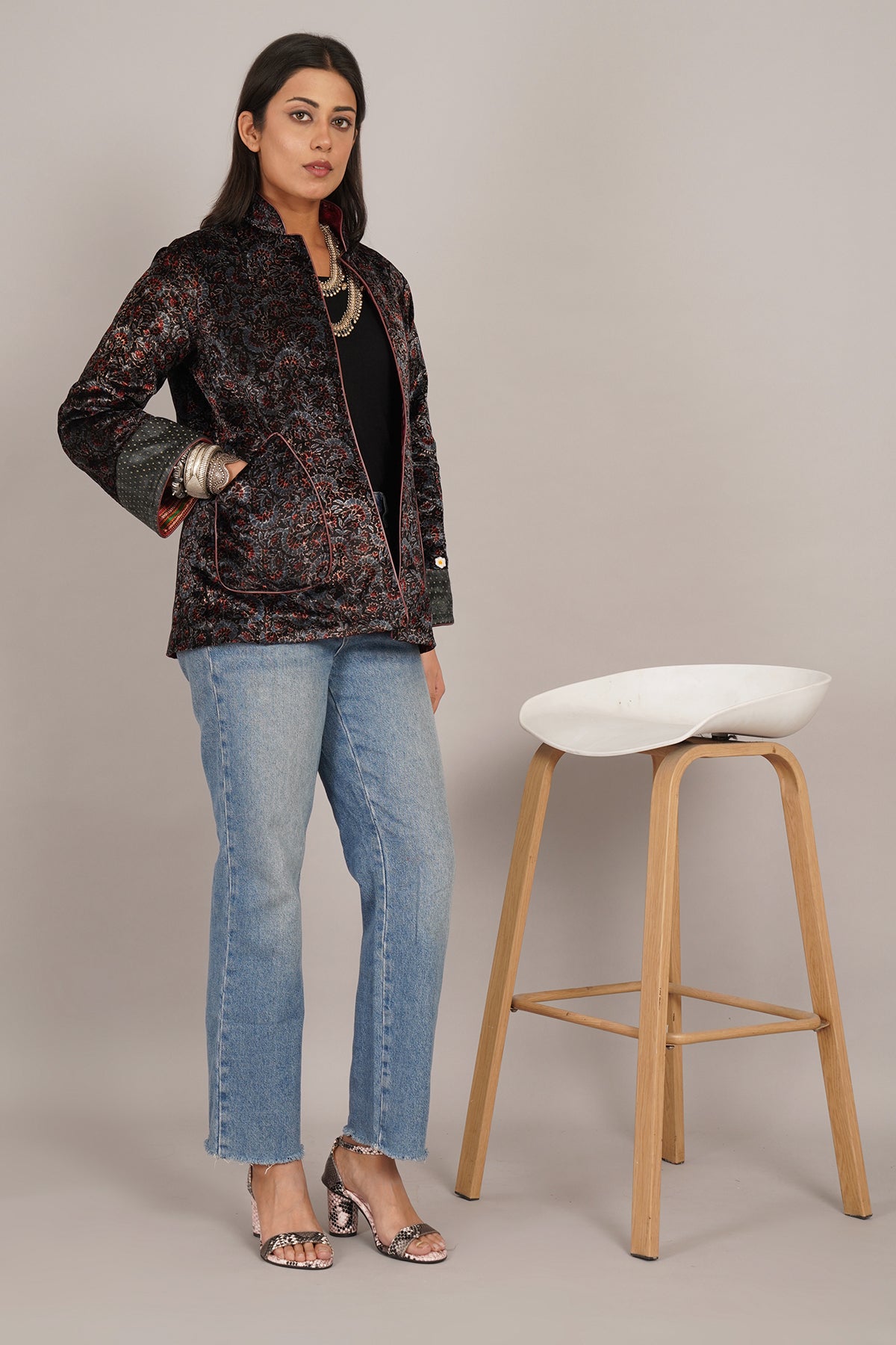 Black Ajrak Velvet Raw Silk Short Jacket