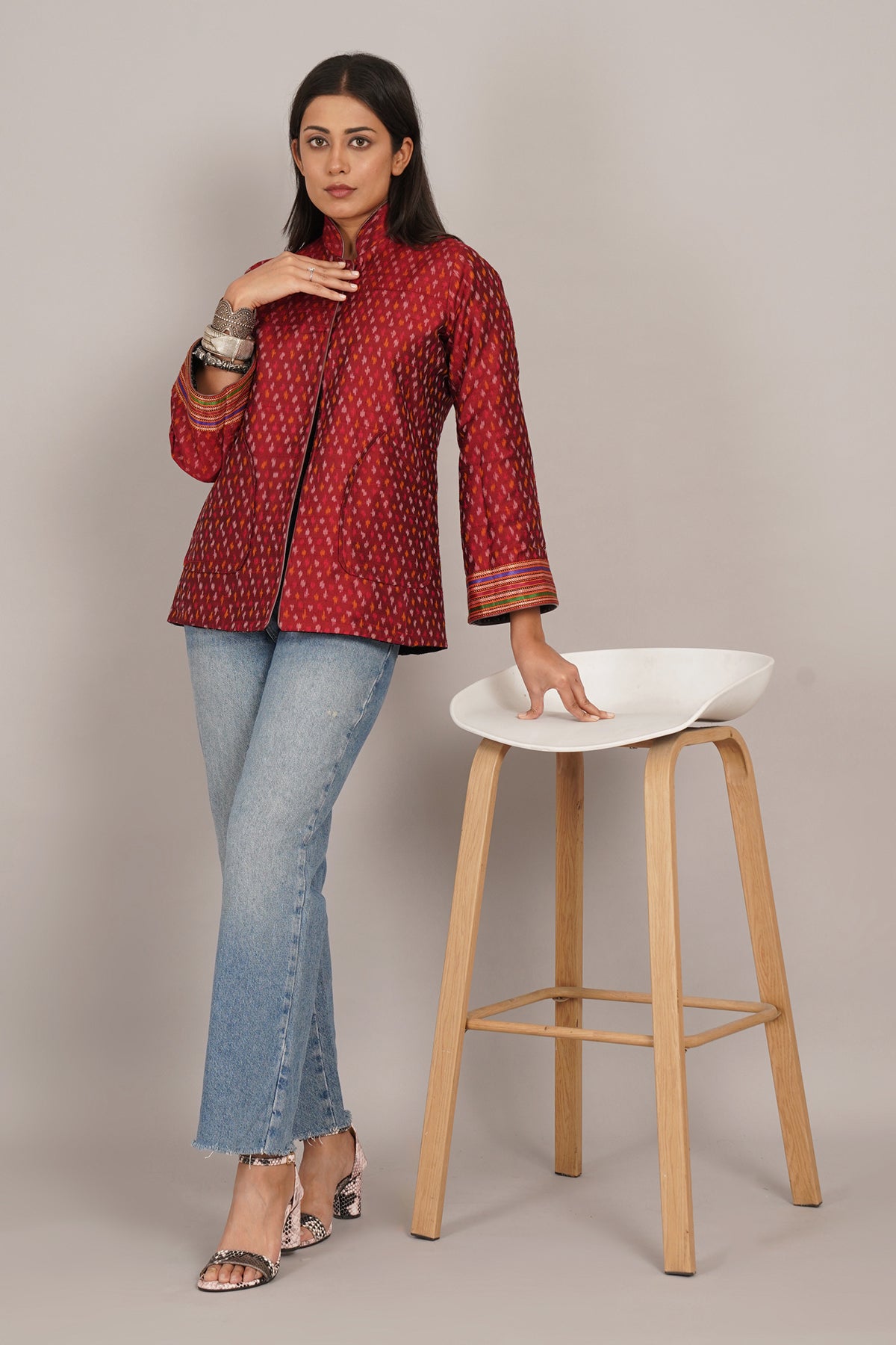 Black Ajrak Velvet Raw Silk Short Jacket