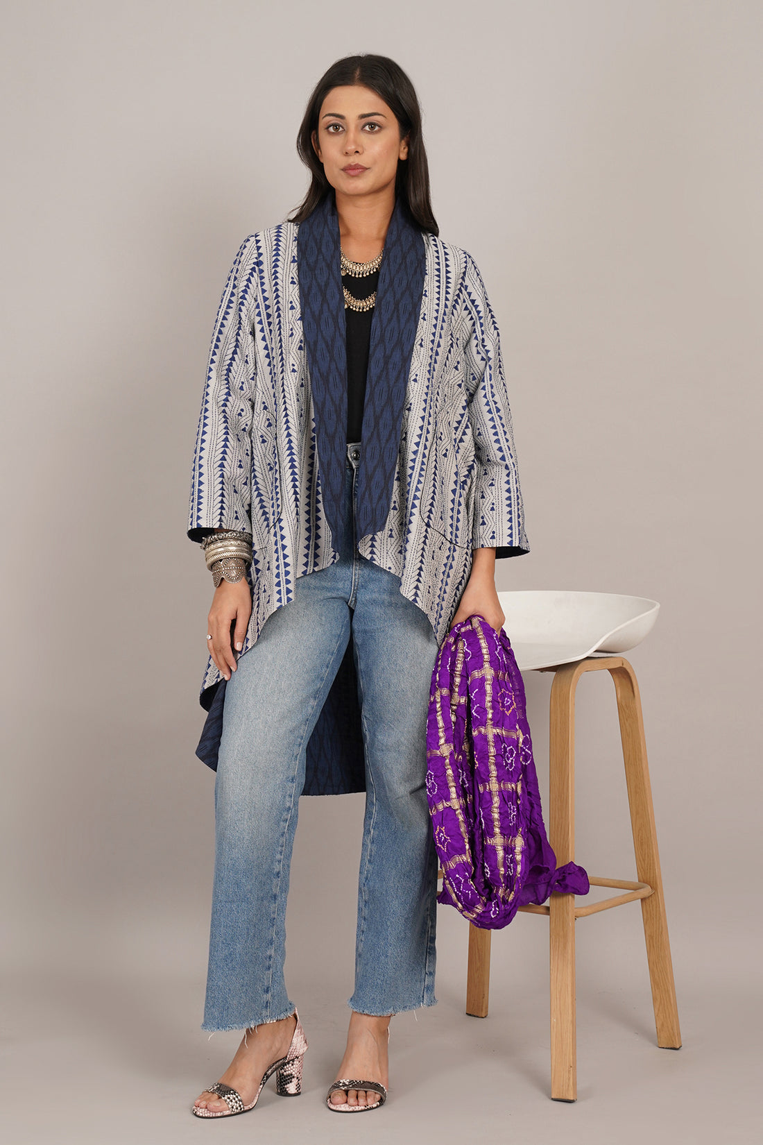 Blue Kantha And Ikat Cotton Overylay