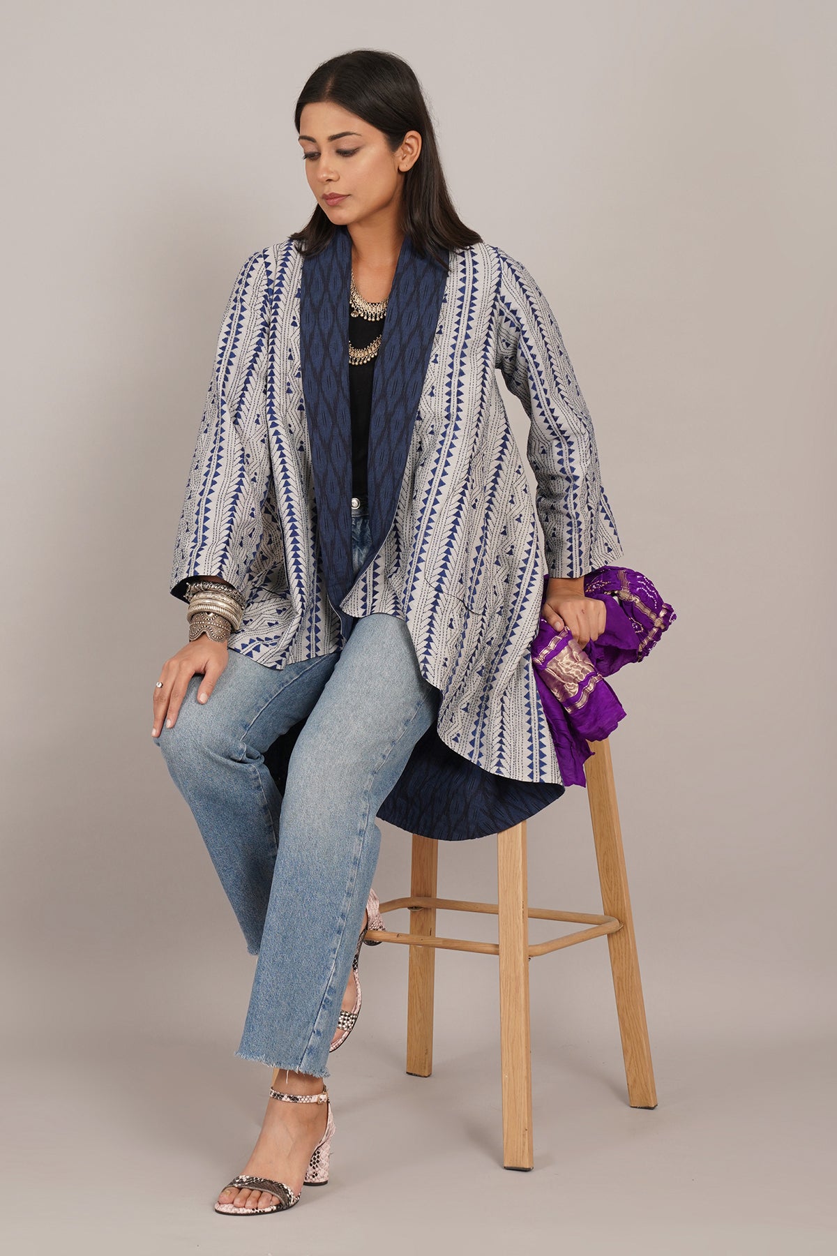 Blue Kantha And Ikat Cotton Overylay