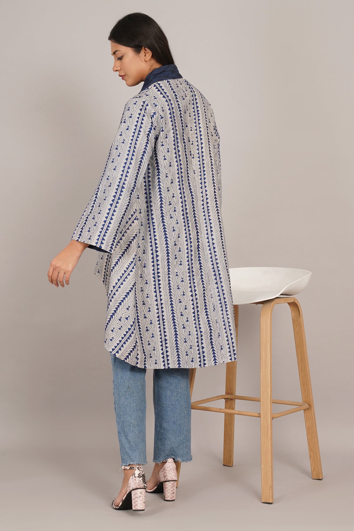 Blue Kantha And Ikat Cotton Overylay