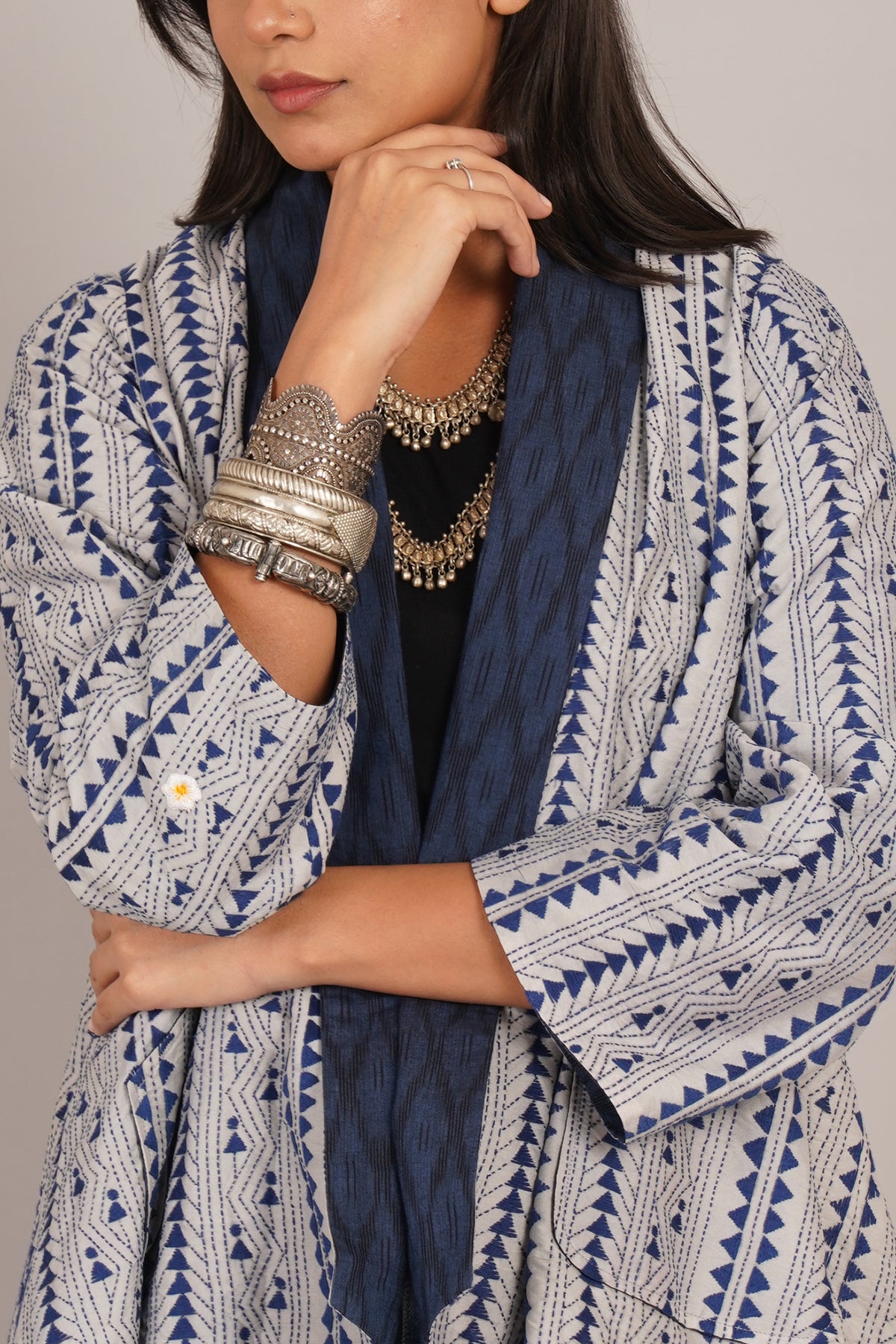 Blue Kantha And Ikat Cotton Overylay