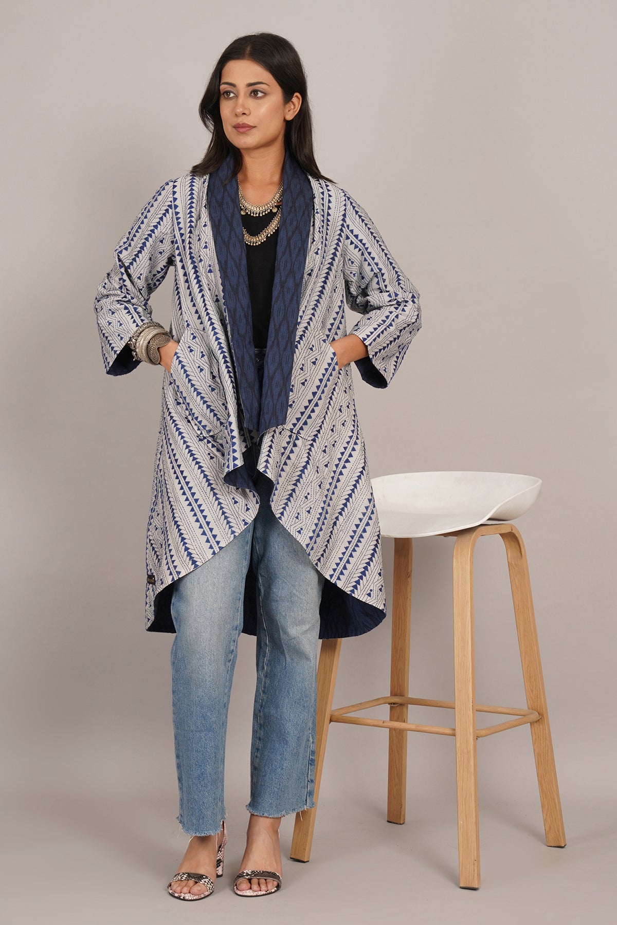 Blue Kantha And Ikat Cotton Overylay