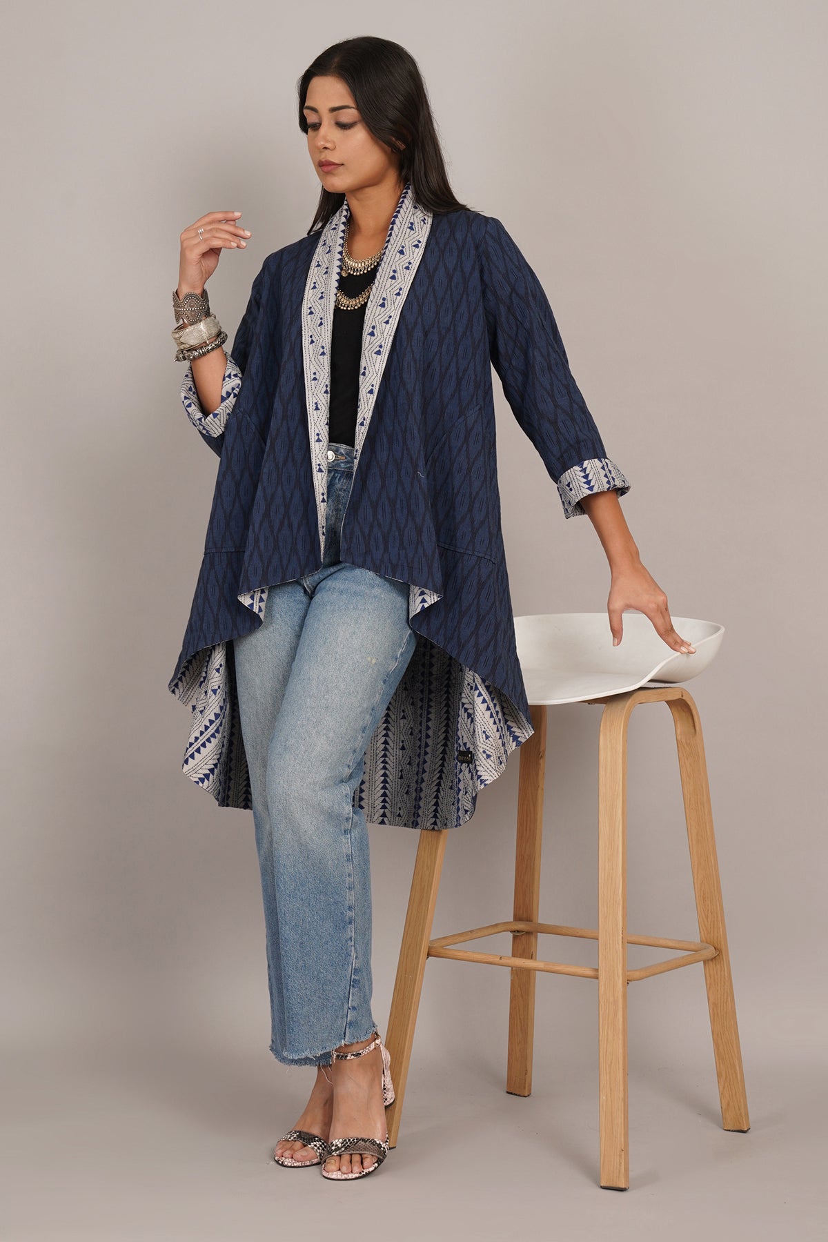 Blue Kantha And Ikat Cotton Overylay