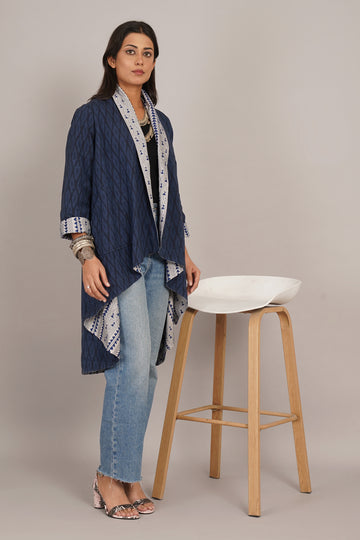 Blue Kantha And Ikat Cotton Overylay