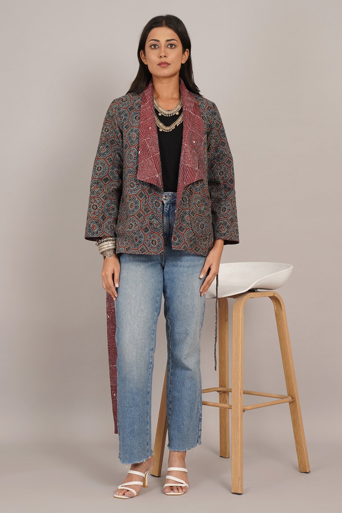Maroon Kantha And Blue Ajrak Short Jacket