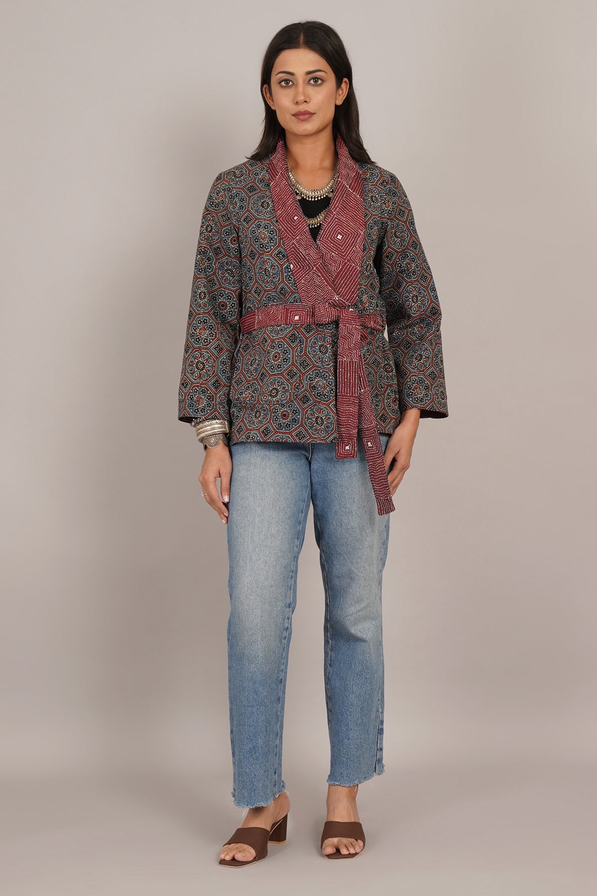Maroon Kantha And Blue Ajrak Short Jacket