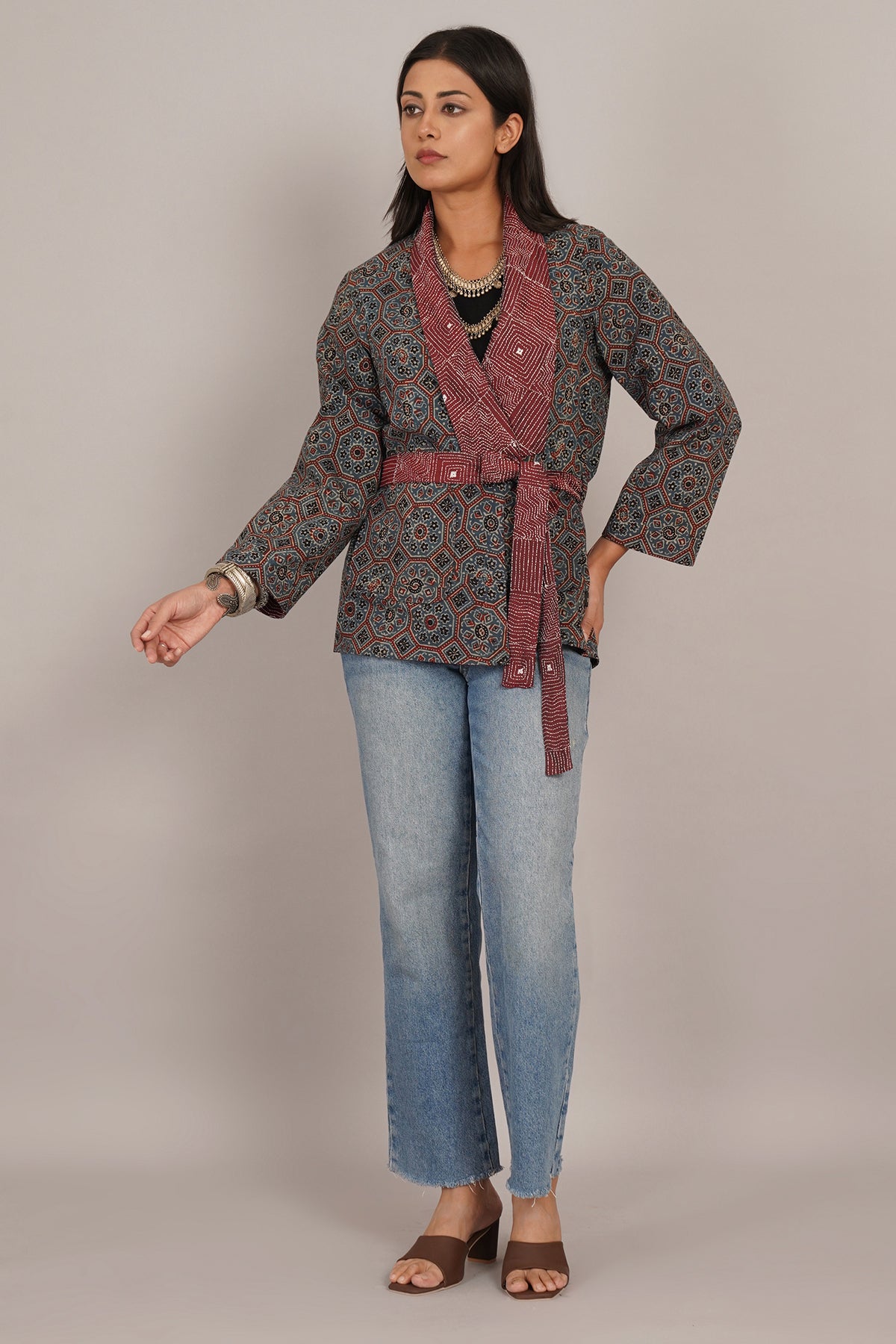 Maroon Kantha And Blue Ajrak Short Jacket
