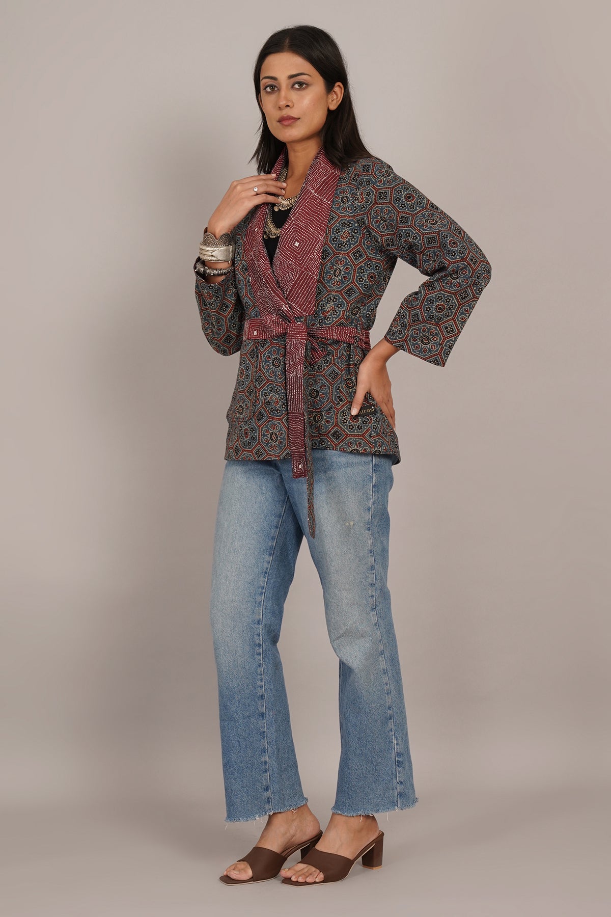 Maroon Kantha And Blue Ajrak Short Jacket