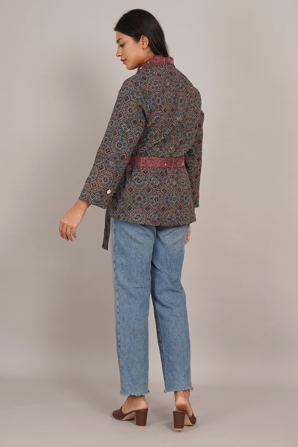 Maroon Kantha And Blue Ajrak Short Jacket