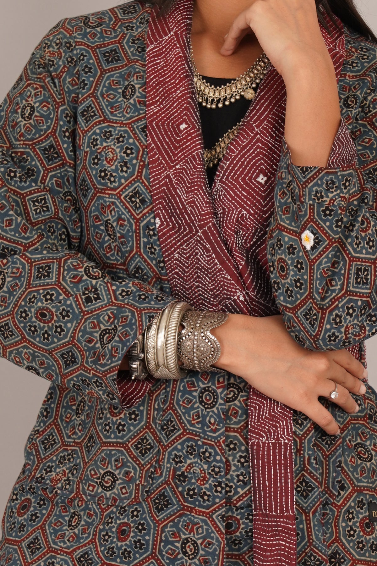 Maroon Kantha And Blue Ajrak Short Jacket