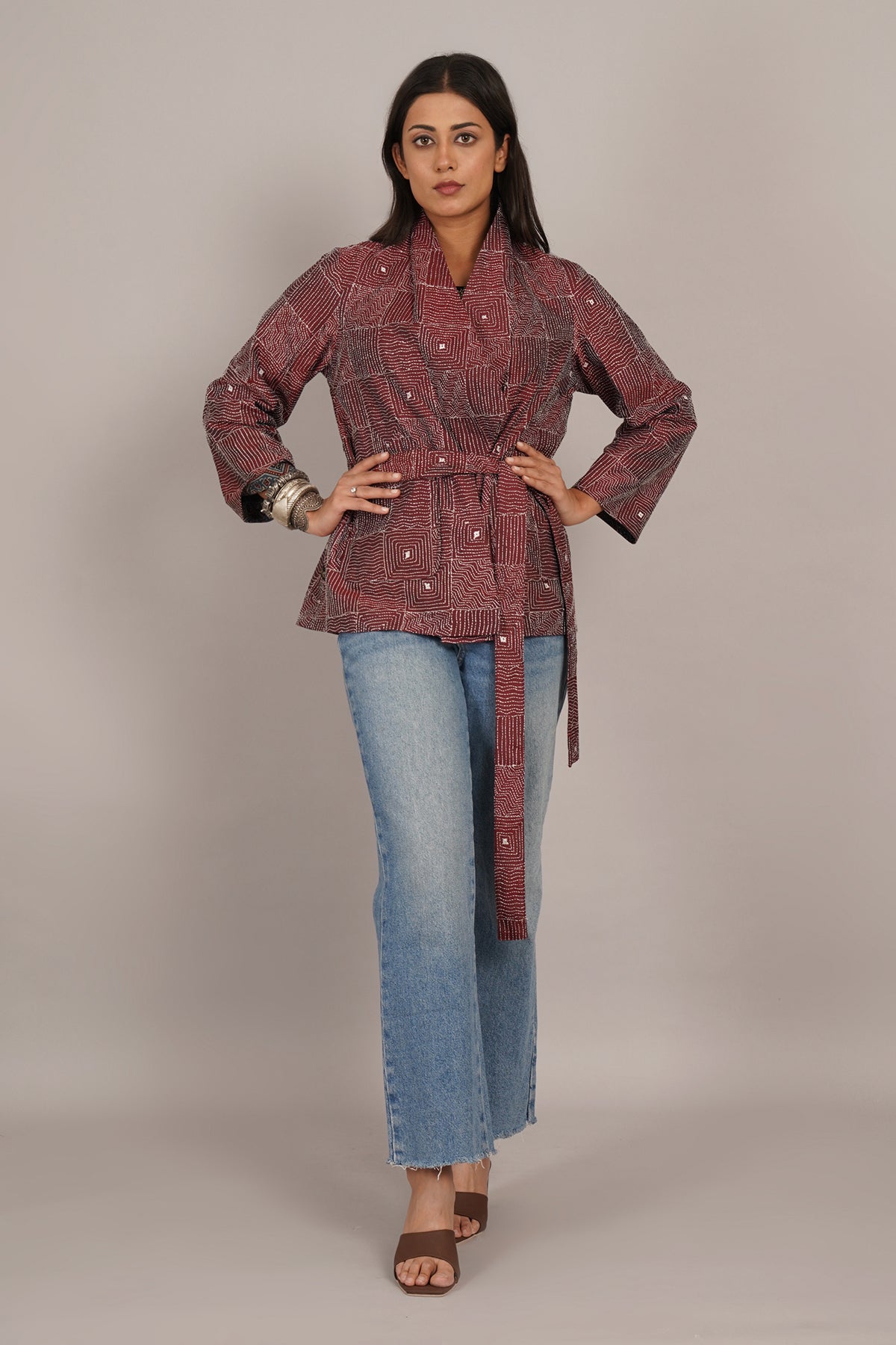 Maroon Kantha And Blue Ajrak Short Jacket