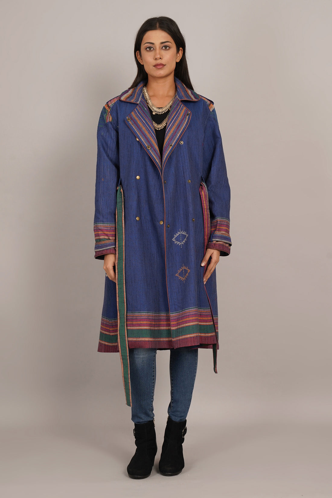 Blue Tussar Bhujodi Ajrak Trench