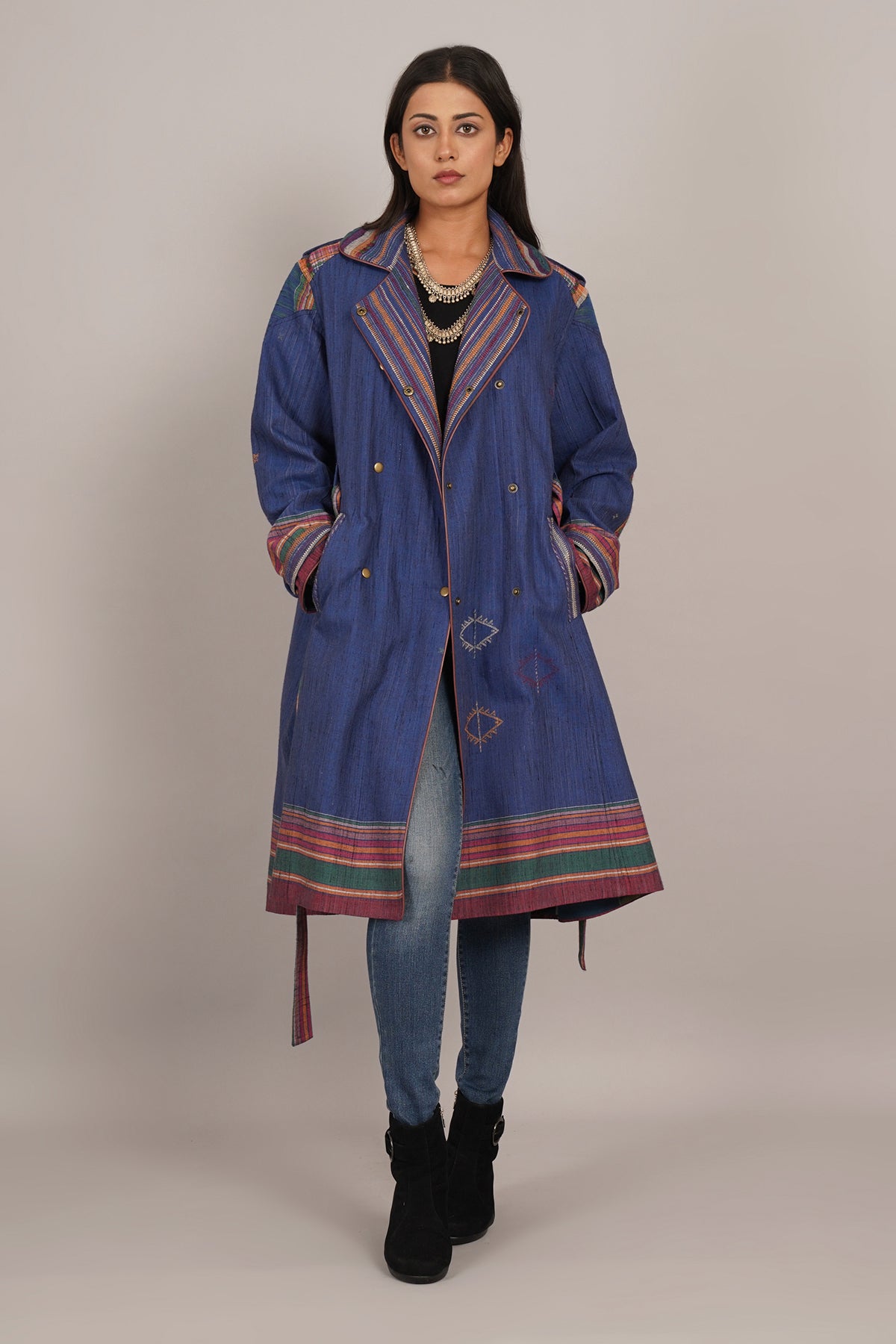 Blue Tussar Bhujodi Ajrak Trench