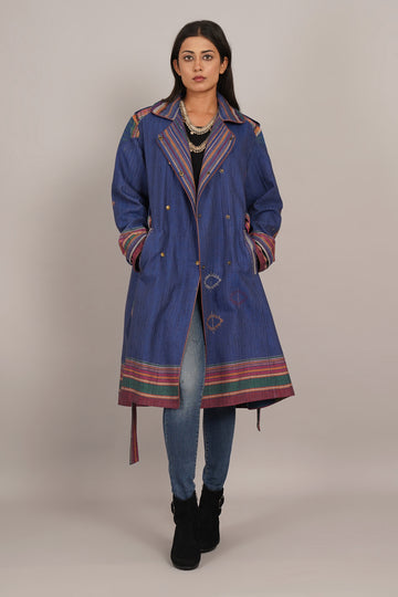 Blue Tussar Bhujodi Ajrak Trench