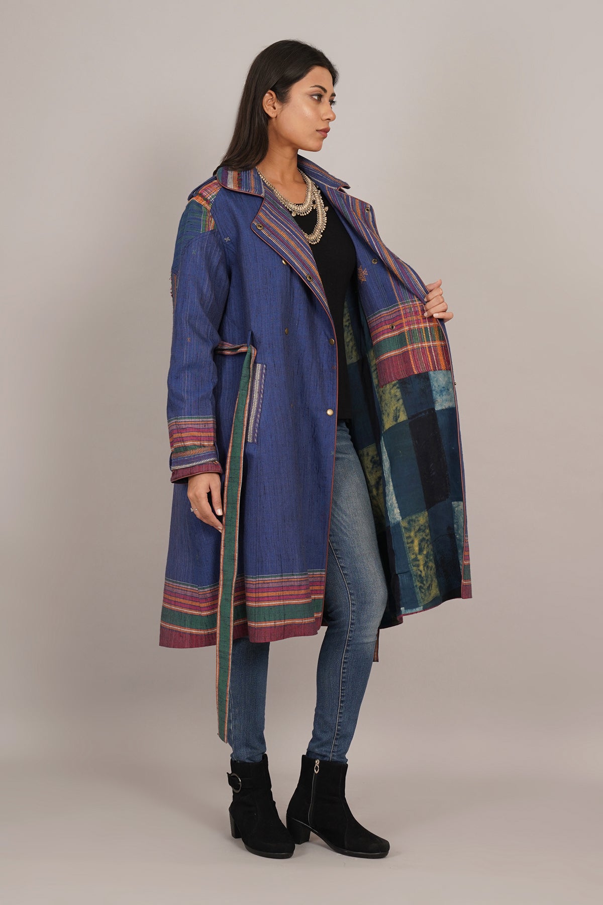 Blue Tussar Bhujodi Ajrak Trench