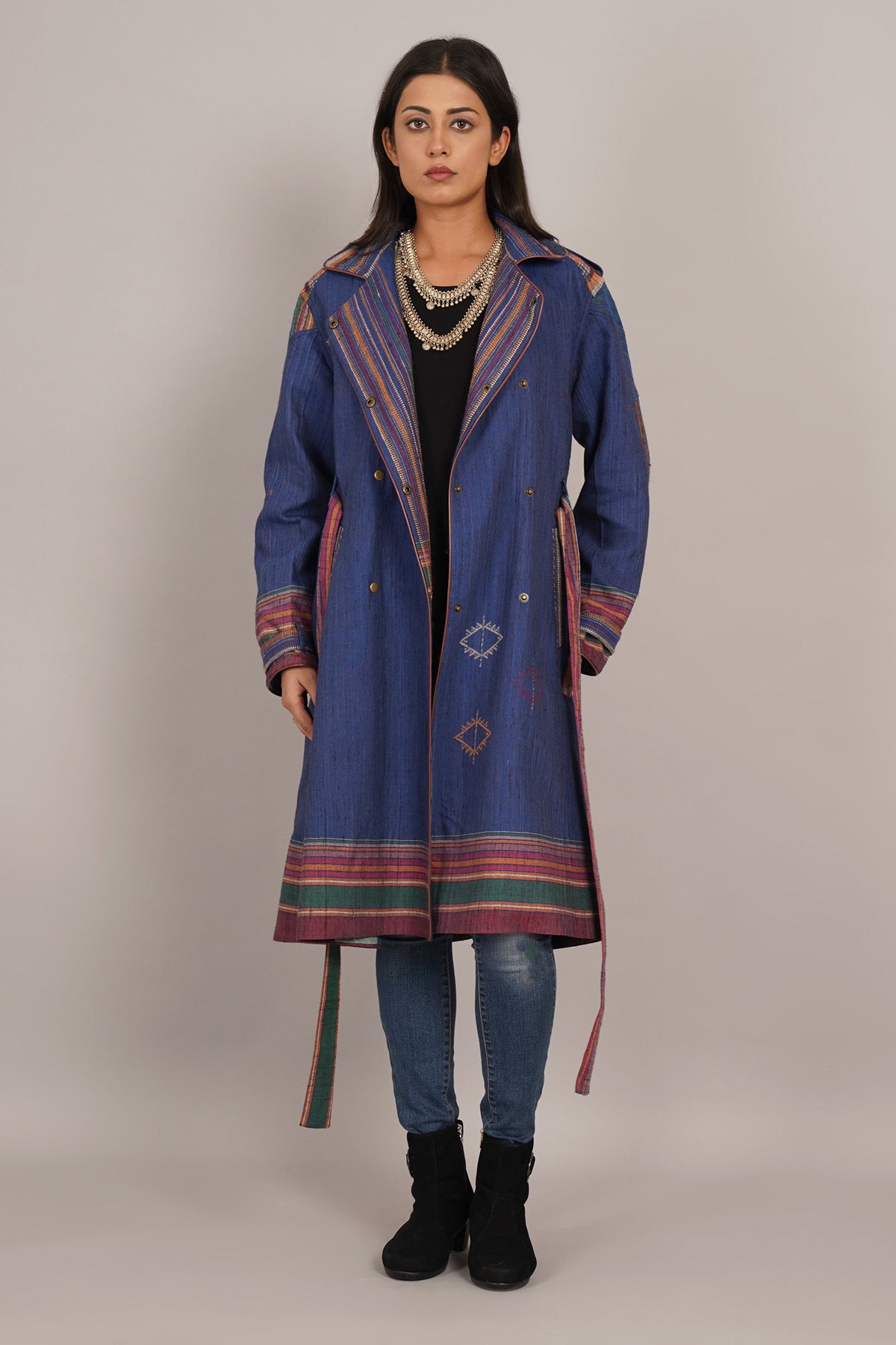 Blue Tussar Bhujodi Ajrak Trench