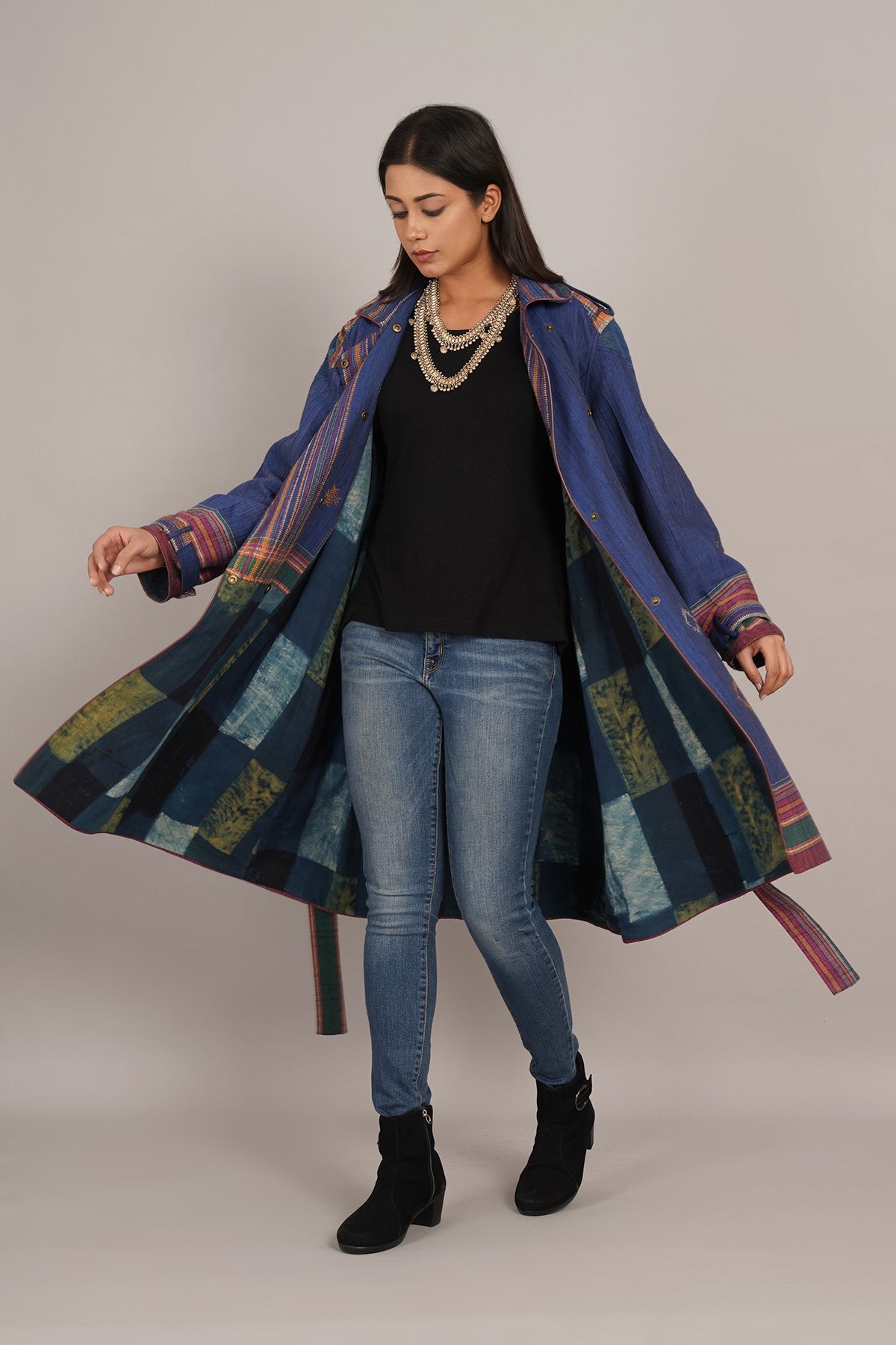 Blue Tussar Bhujodi Ajrak Trench