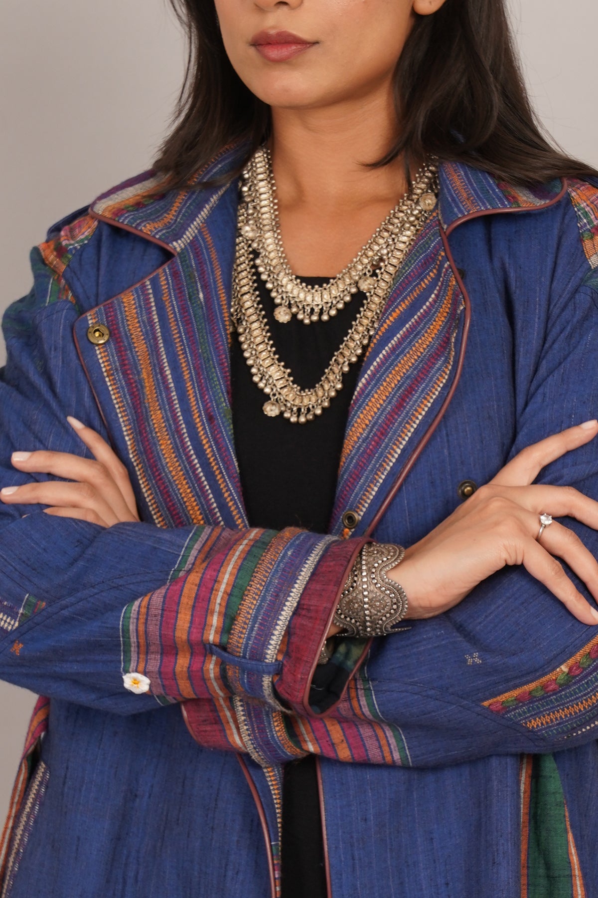 Blue Tussar Bhujodi Ajrak Trench