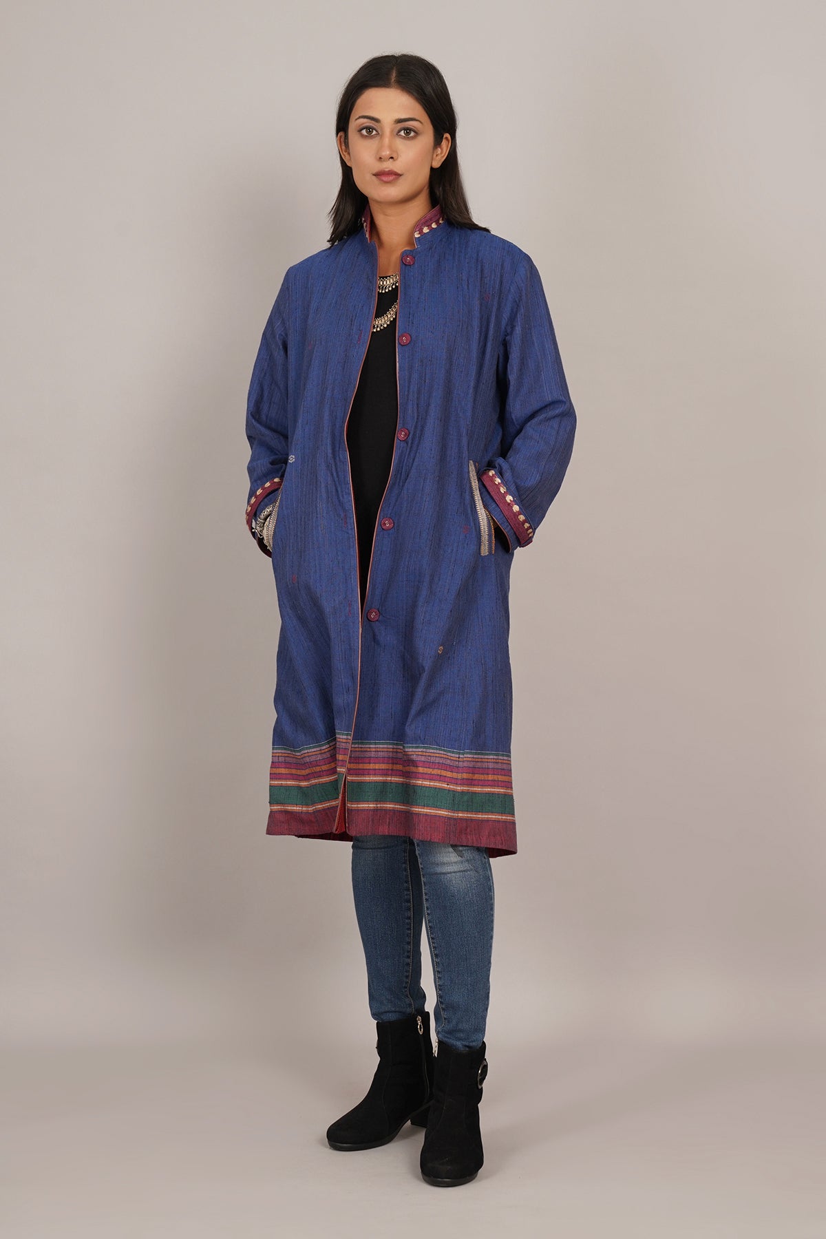 Blue Tussar Bhujodi Red Woollen Long Jacket