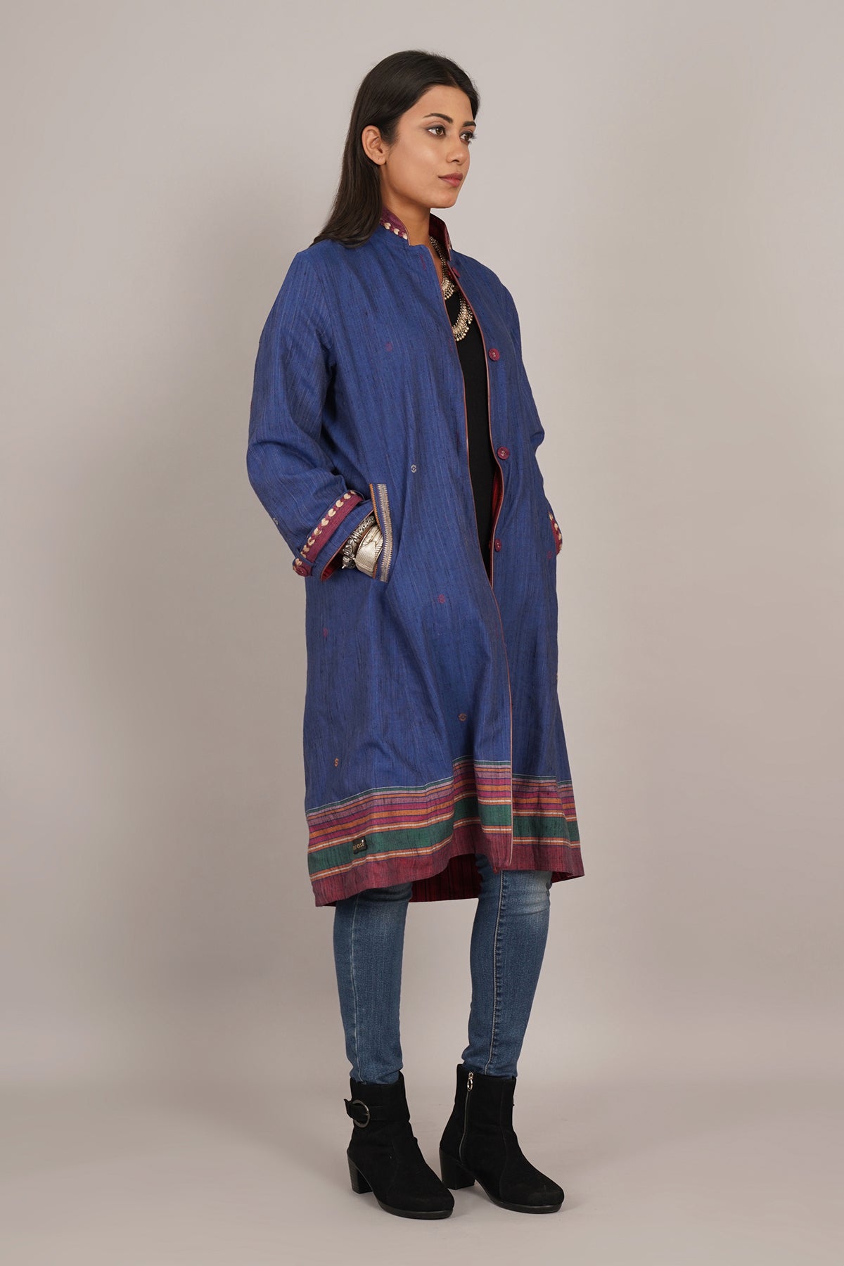 Blue Tussar Bhujodi Red Woollen Long Jacket