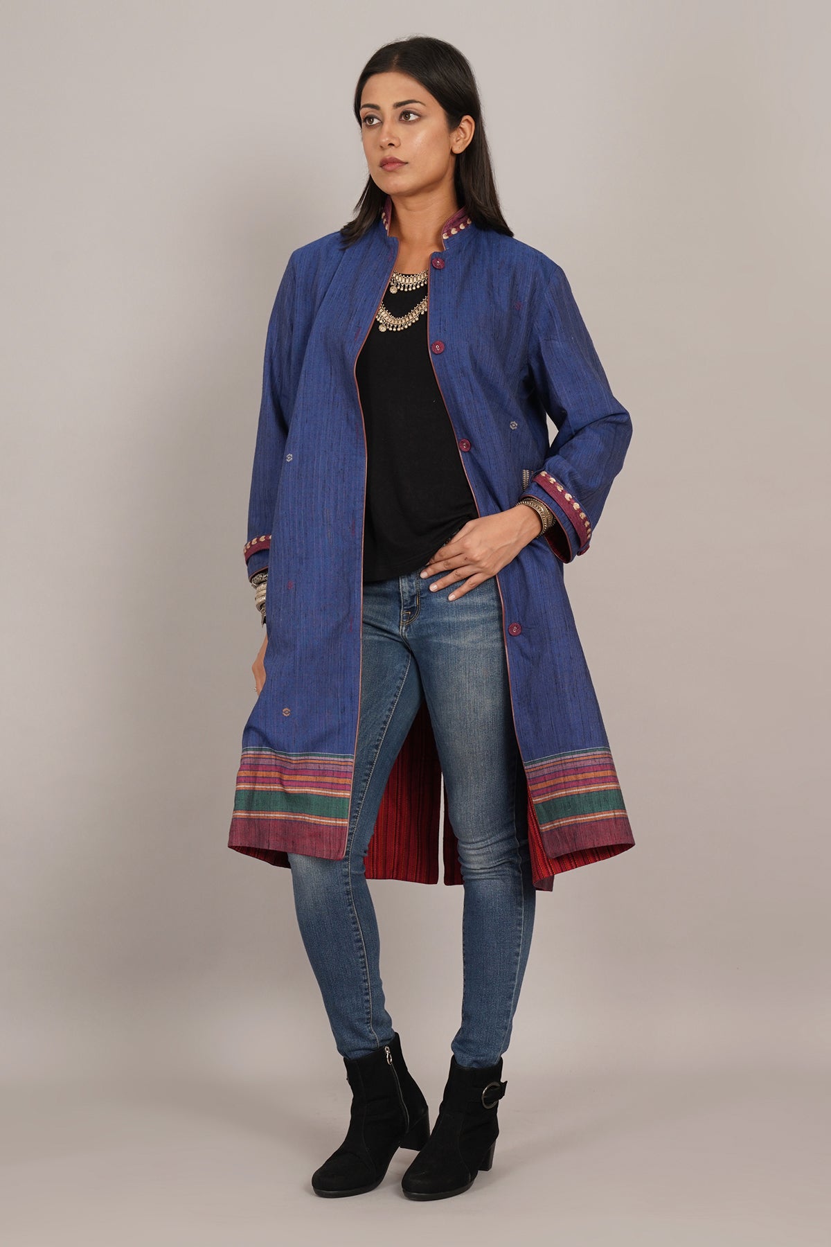 Blue Tussar Bhujodi Red Woollen Long Jacket