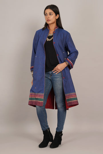 Blue Tussar Bhujodi Red Woollen Long Jacket