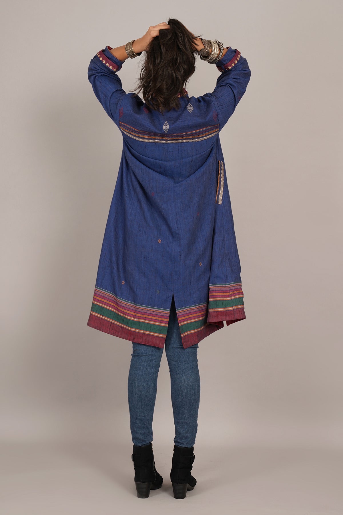 Blue Tussar Bhujodi Red Woollen Long Jacket