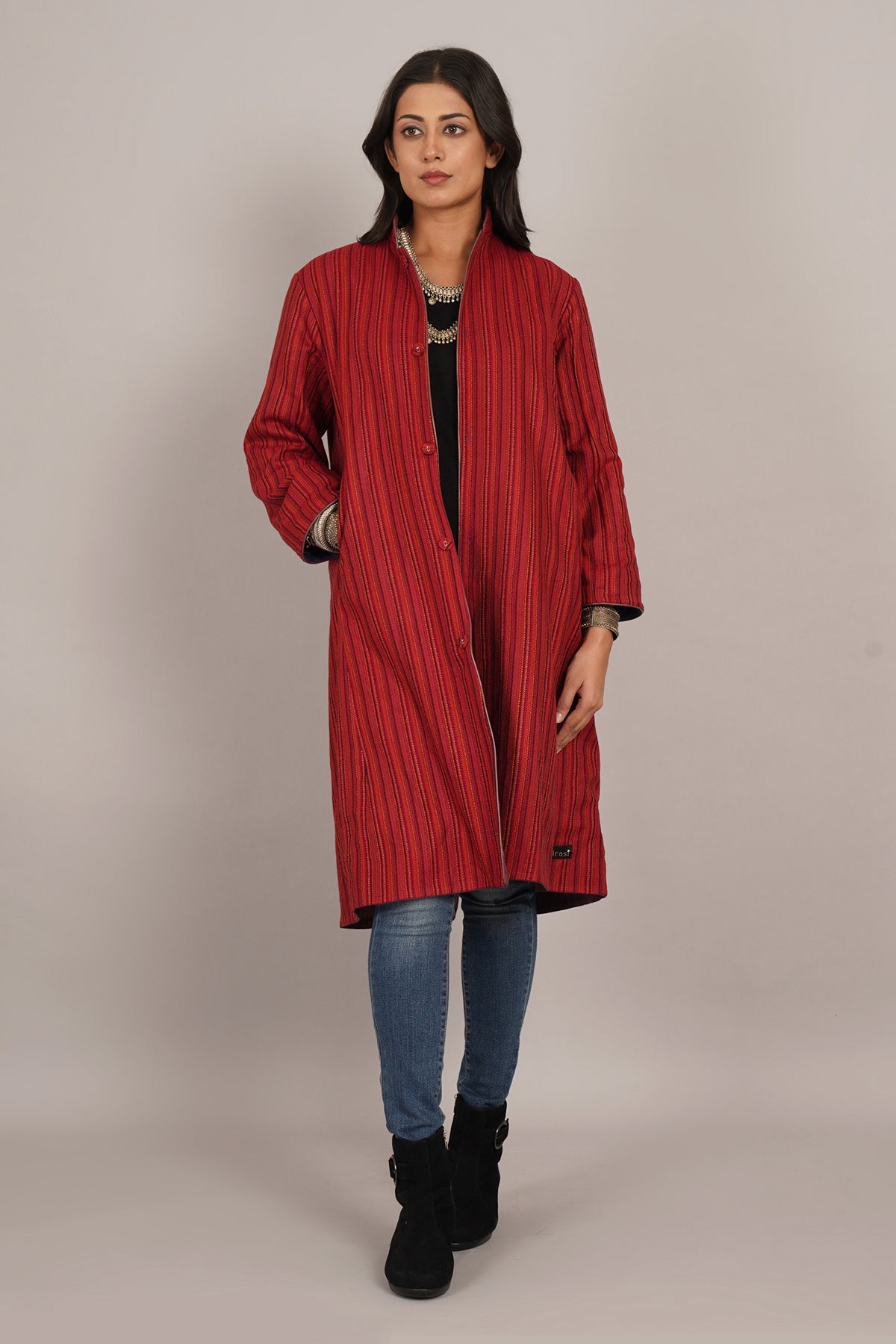 Blue Tussar Bhujodi Red Woollen Long Jacket