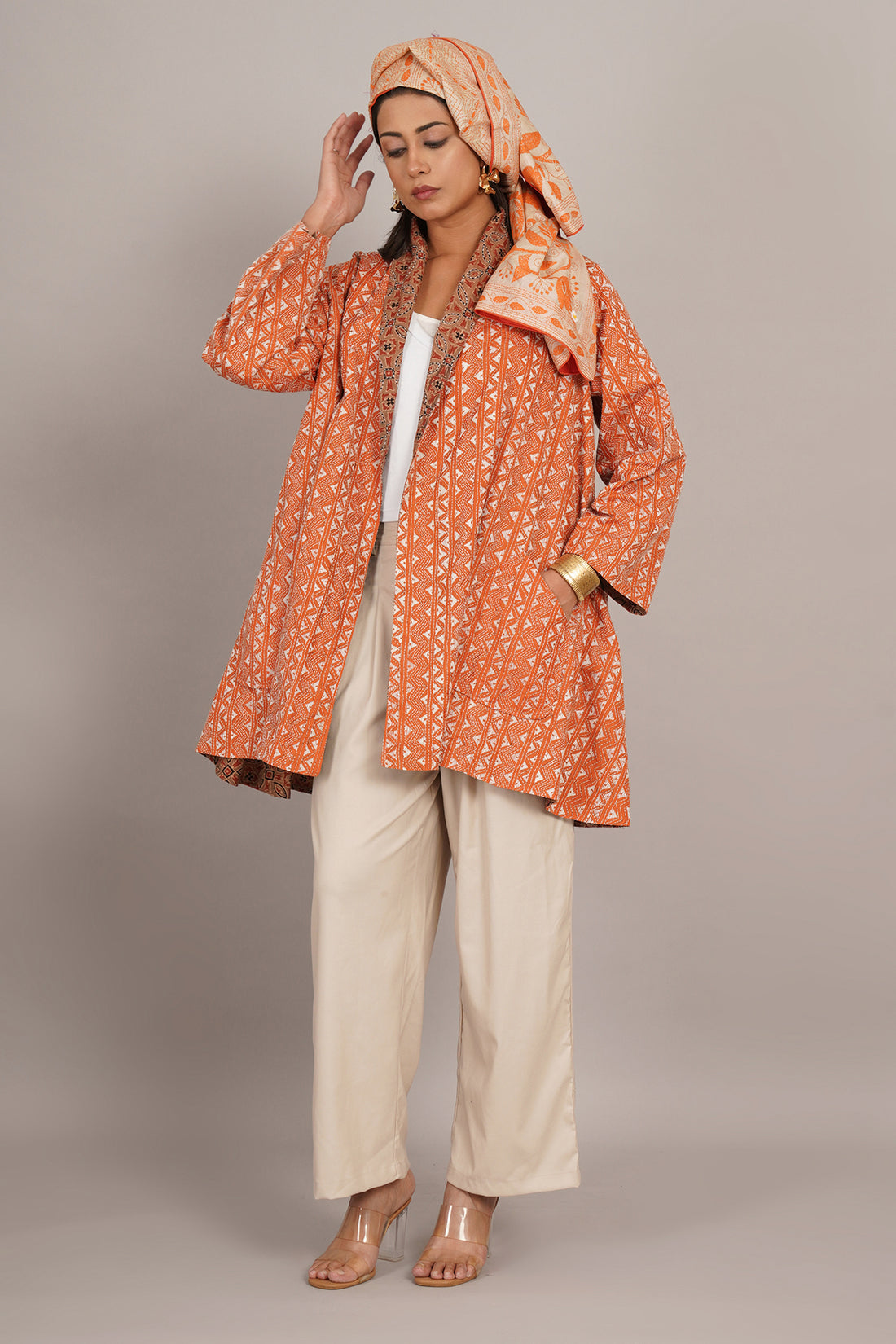 Orange Kantha Cream Ikat Cotton Overlay