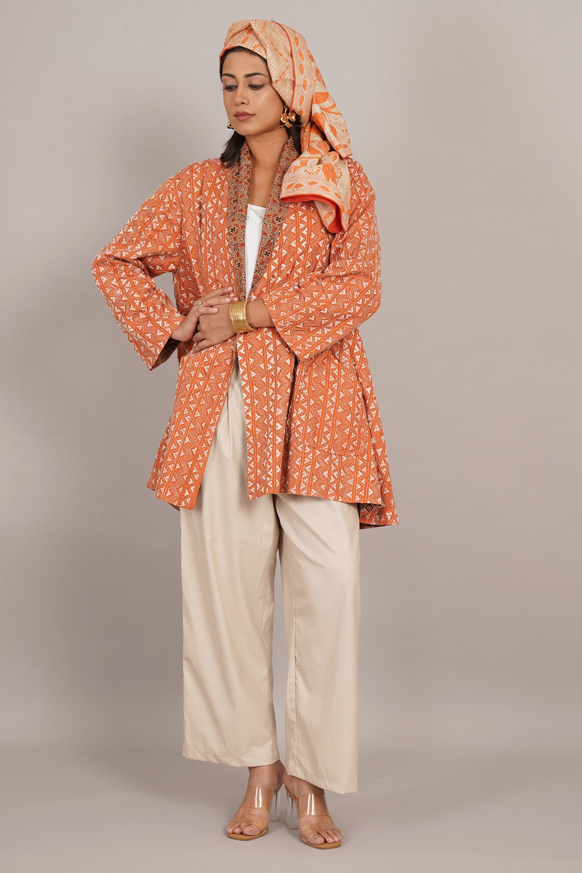 Orange Kantha Cream Ikat Cotton Overlay