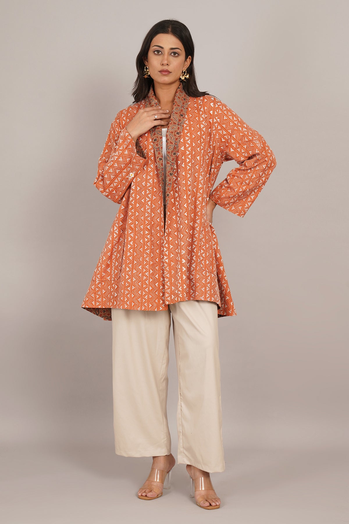 Orange Kantha Cream Ikat Cotton Overlay