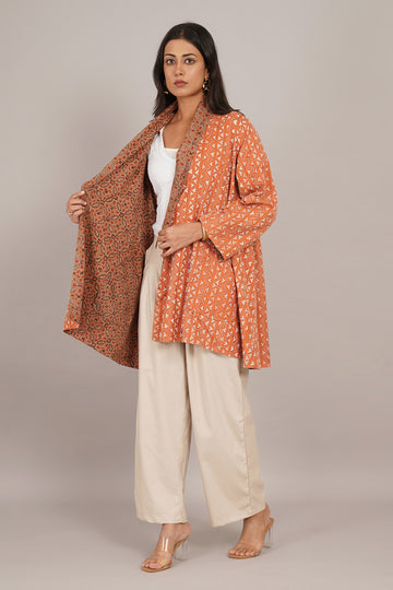 Orange Kantha Cream Ikat Cotton Overlay