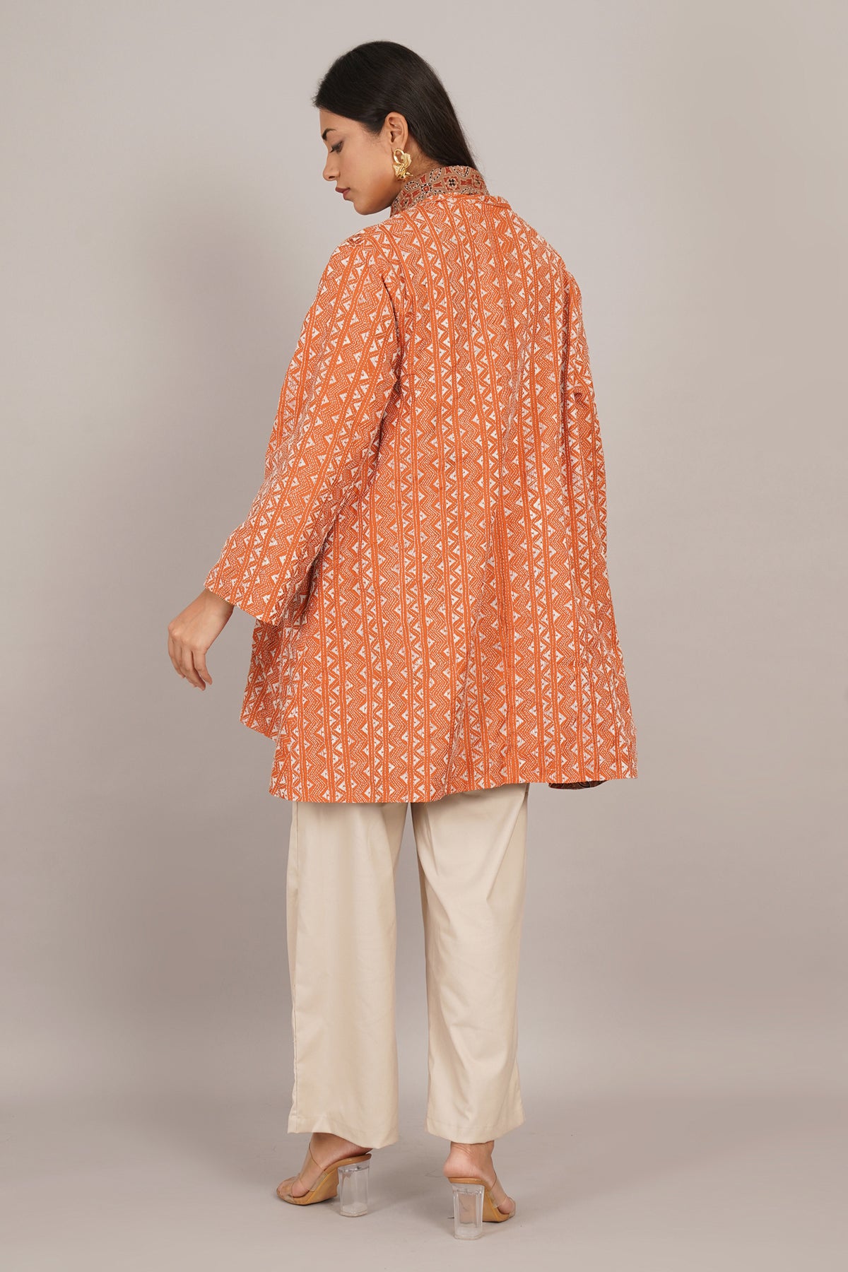 Orange Kantha Cream Ikat Cotton Overlay
