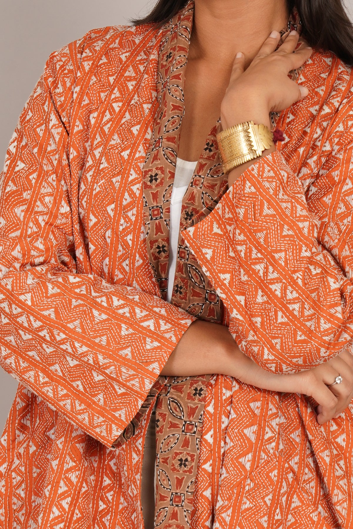 Orange Kantha Cream Ikat Cotton Overlay
