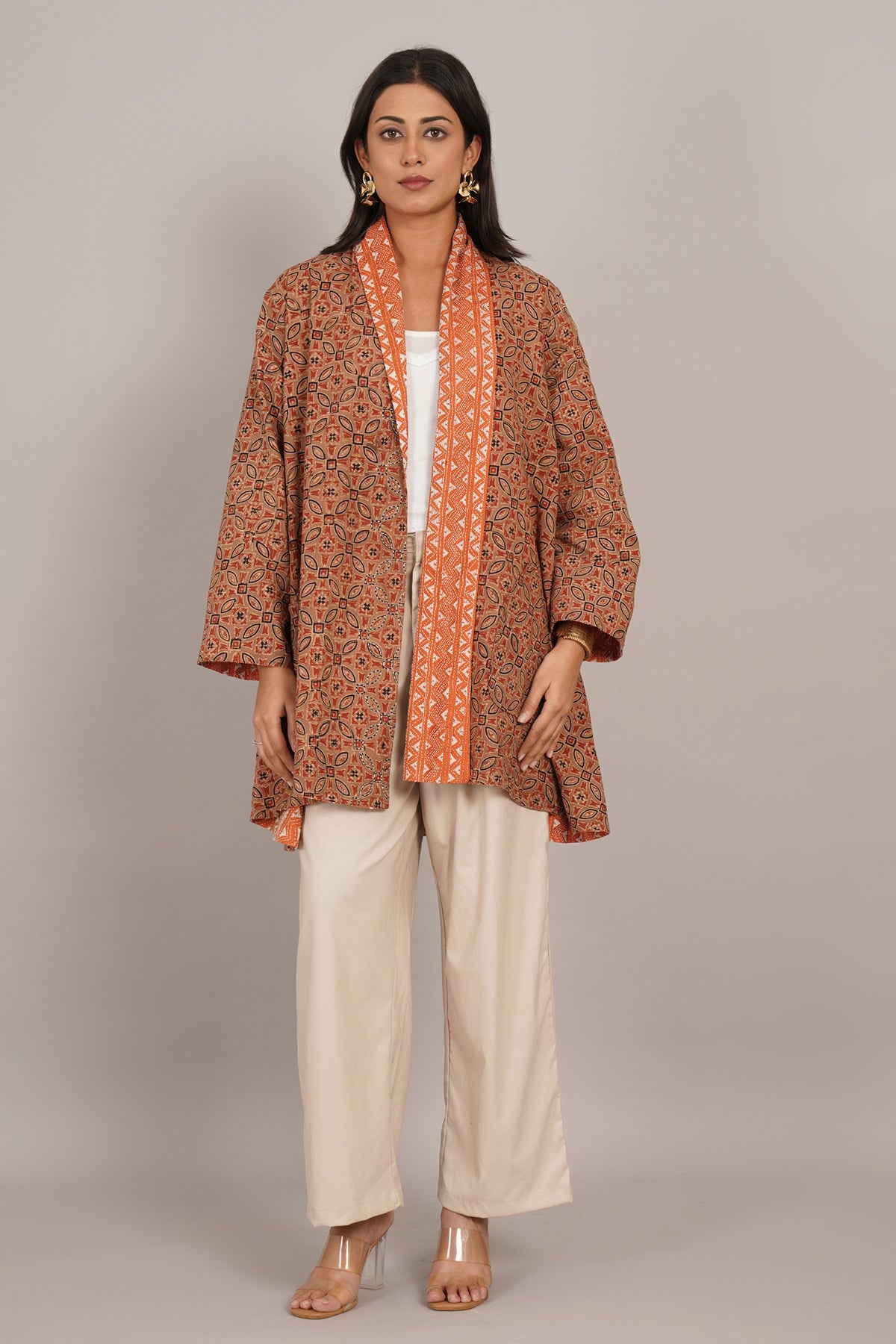 Orange Kantha Cream Ikat Cotton Overlay
