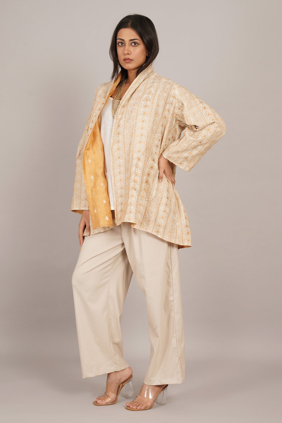 Golden Kantha Cream Chanderi Overlay