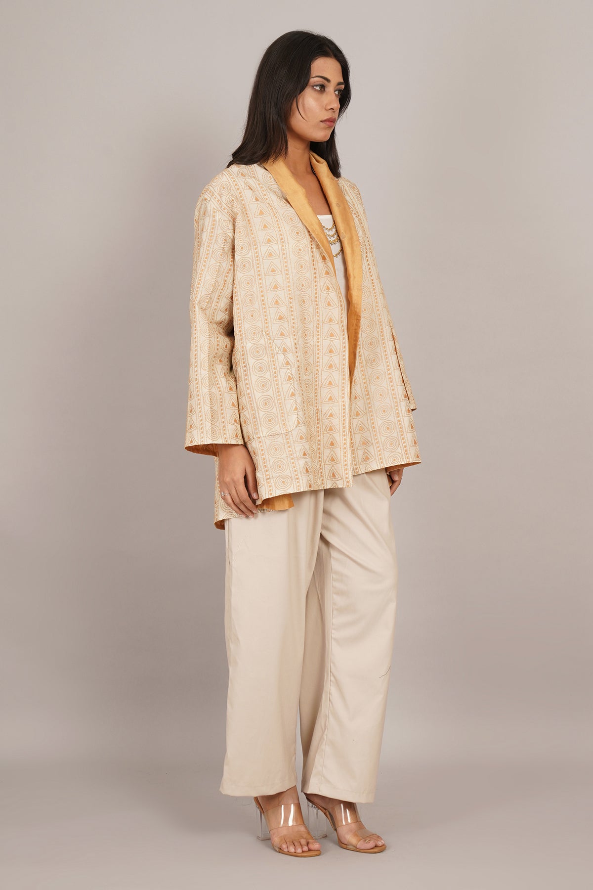 Golden Kantha Cream Chanderi Overlay