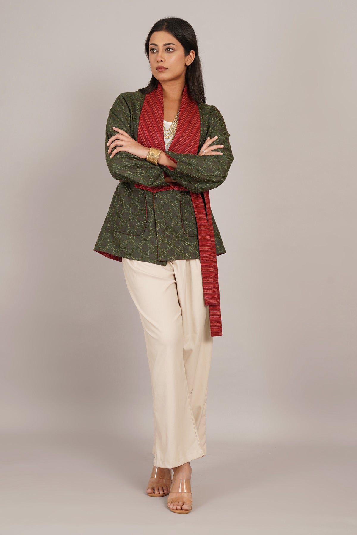 Green Kantha Red Woollen Short Jacket