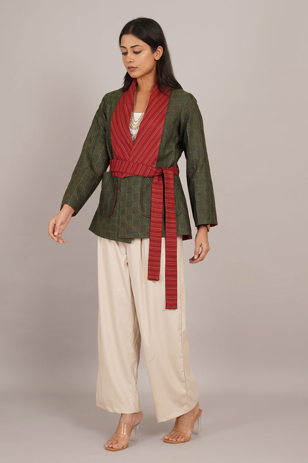 Green Kantha Red Woollen Short Jacket