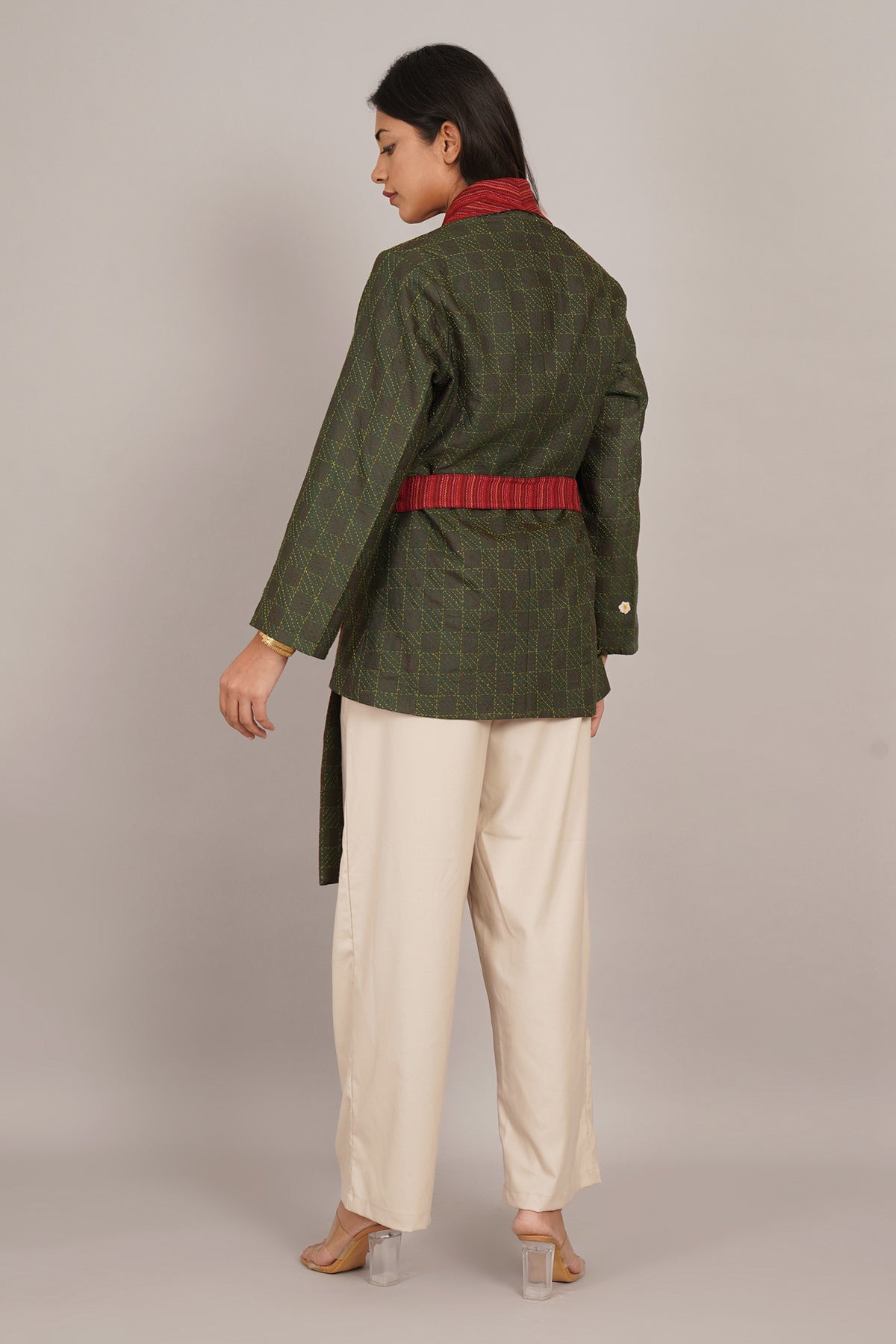 Green Kantha Red Woollen Short Jacket