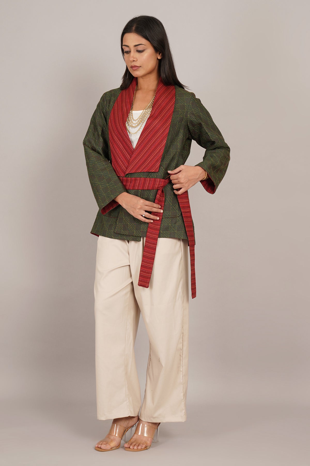Green Kantha Red Woollen Short Jacket